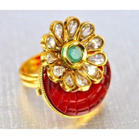 Flower Overlay Semi-precious Finger Ring with Faux Ruby